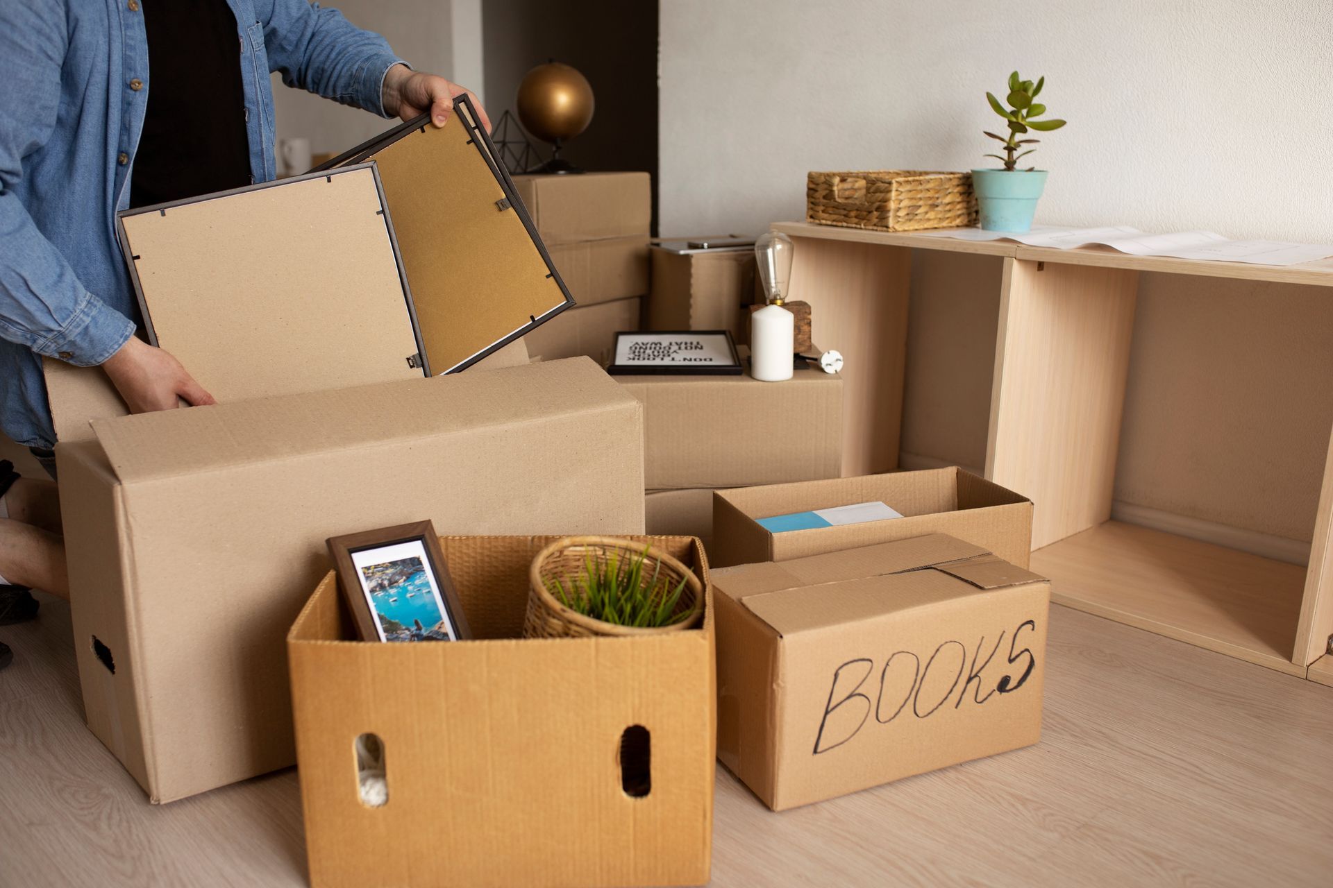 Person packing boxes in a room; moving, cardboard boxes, framed picture, books and plants.