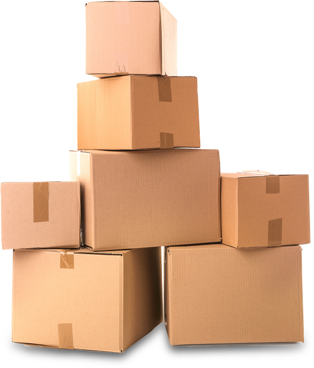 Stack of eight brown cardboard boxes, varying sizes.