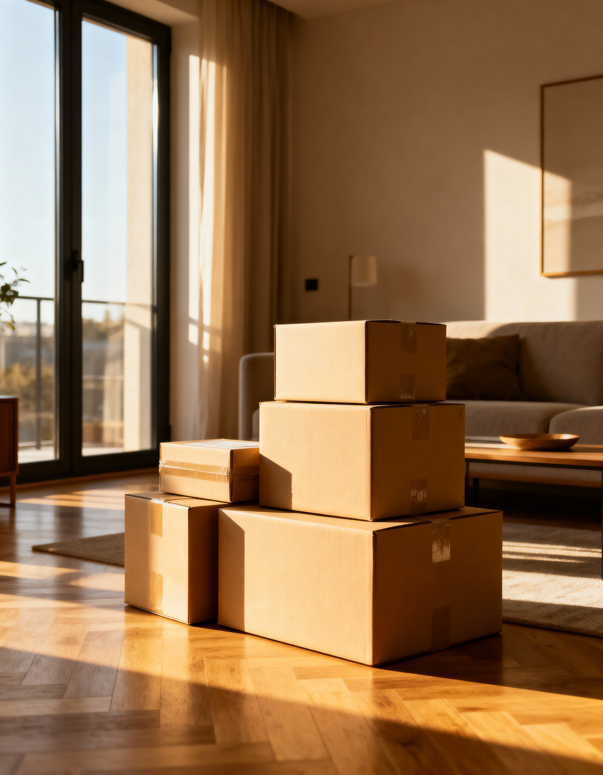 Cardboard moving boxes stacked on wooden floor near window.