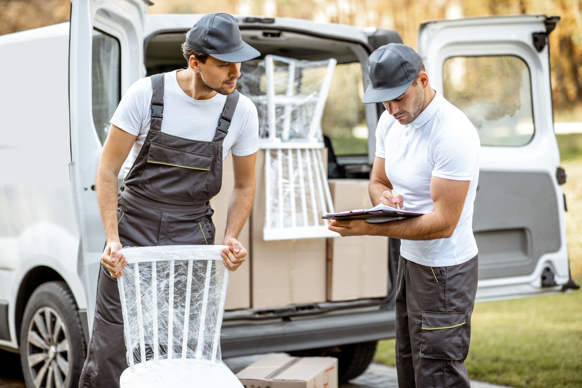 Two movers loading a chair into a van, one wraps the chair, the other takes notes.